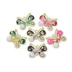 Mixed Color Rack Plating Alloy Enamel Pendants, with Resin, ABS Imitation Pearl Beads, Rhinestone and Glass Beads, Cadmium Free & Nickel Free & Lead Free, Butterfly, Mixed Color, 29x37.5x8mm, Hole: 2.5mm