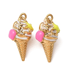 Pink 304 Stainless Steel Pendants, with Enamel, Ice Cream Charms, Ion Plating(IP), Golden, Pink, 22x11x10mm, Hole: 3mm