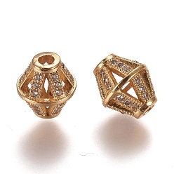 Golden Hollow Brass Micro Pave Clear Cubic Zirconia Beads, Bicone, Golden, 11x10mm, Hole: 2.5mm