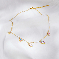 Настоящее золото 18K Ожерелья из нержавеющей стали с разноцветной эмалью в виде звезды и сердца с единорогом для женщин на каждый день, реальный 18 k позолоченный, 14.96 дюйм (38 см)