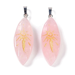 Розовый Кварц Подвески из натурального розового кварца с солнечным узором, Очарование лошадиных глаз, с реечным покрытием латунь с платиновым напылением защелка на дужках, без свинца и без кадмия, 42.5~43.5x15.5x7.5~8.5 мм, отверстие : 8x5 мм