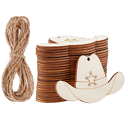 Navajo White 40Pcs Unfinished Wood Cowboy Hat Pendants, with 4 Bundle Jute Cord, Navajo White, 52x98x2.5mm, Hole: 3mm