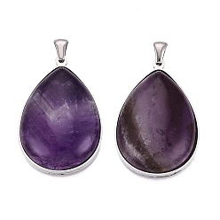 Amethyst Natural Amethyst Pendants, 304 Stainless Steel Teardrop Bezeled Charms, Stainless Steel Color, 36~36.5x25~25.5x7.5~8.5mm, Hole: 5x3mm