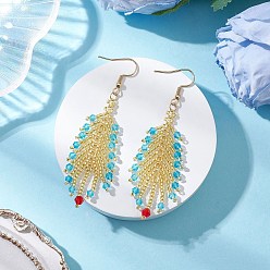 Темно-Голубой Серьги-подвески из стеклянных перьев, с 304 нержавеющей стали серьги крючки, золотые, глубокое синее небо, 72.5x21.5 мм