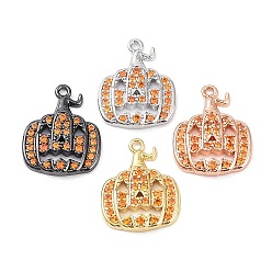 Color mezclado Colgantes de circonita cúbica naranja de latón chapado en estante, sin plomo y el cadmio, duradero, encanto de calabaza, color mezclado, 18x14x3 mm, agujero: 1.2 mm