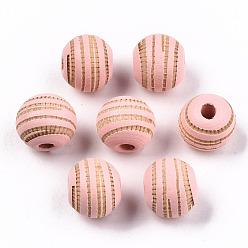 Pink Расписные бусы из натурального дерева, лазерная гравировка, круглый с зеброй, розовые, 10x8.5 мм, отверстие : 2.5 мм