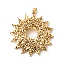 Настоящее золото 18K Латунные микропаве прозрачные подвески с фианитом, солнечные чары, долговечный, стойки покрытие, без свинца и без кадмия, реальный 18 k позолоченный, 41x38x3.5 мм, отверстие : 4x3 мм