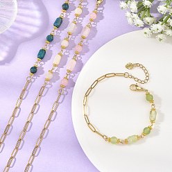 Mixed Stone Natural Mixed Stone Round Column Beaded Chain Bracelets with 304 Stainless Steel Paperclip Chains, Golden, 7.44 inch(18.9cm)