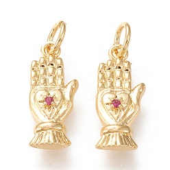 Золотой Латунные микро проложить кубического циркония подвески, с прыжковых колец, долговечный, пальмы с сердцем, фуксиново-красные, золотые, 17x7x2.5 мм, отверстие : 3 мм