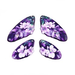 Сине-фиолетовый Подвески из прозрачной эпоксидной смолы, крылья с цветочным узором подвески, с блестка, синий фиолетовый, 39~39.5x19.5x2.5 мм, отверстие : 1.2 мм