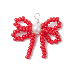 Красный Подвески из стеклянного бисера ручной работы, подвески-бантики со стеклянным жемчугом и петлями из медной проволоки, серебряный цвет гальваническим, красные, 25.5x29.5x6.5 мм, отверстие : 2.5 мм