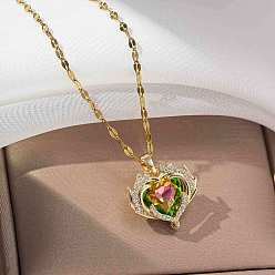 Разноцветный Сердце 304 из нержавеющей стали кулон ожерелья, с кубического циркония, красочный, 15.75 дюйм (40 см)