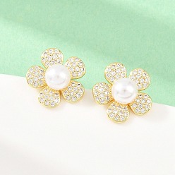 Настоящее золото 18K Латунные микро проложить серьги стержня кубического циркония, с ABS имитации жемчуга, цветок, долговечный, стойки покрытие, без свинца и без кадмия, реальный 18 k позолоченный, 13x13 мм