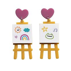 Разноцветный Акриловые болтаться серьги стержня, сердце с чертежной доской, платина, красочный, 60x28 мм