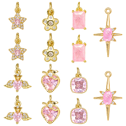 Pink 14 шт 7 стили латунные подвески из микропаве с фианитом, реальный 18 k позолоченный, разнообразные, розовые, 9~21.5x7~12x2~5.5 мм, Перейти кольцо: 4x0.8 мм, 2.5 мм внутренним диаметром, 2 шт / стиль