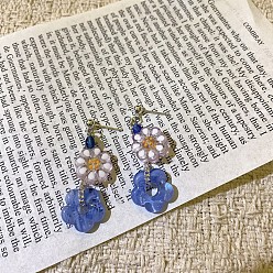 Bleu Royal Boucles d'oreilles pendantes en alliage filé à la flamme, fleur, or, bleu royal, 50mm