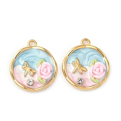 Светло-Голубой 304 подвески из нержавеющей стали, плоский круг с цветком-бабочкой, с эмалью, Горный хрусталь и смола, реальный 18 k позолоченный, Небесно-голубой, 22x19.5x5 мм, отверстие : 1.8 мм