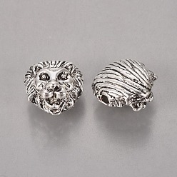 Античное Серебро Тибетский стиль бисером сплав животное голова льва, античное серебро, 13x12x7 мм, отверстие : 2 мм