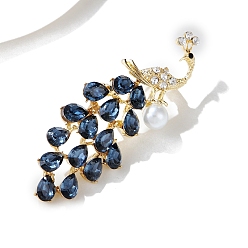 Свет Сапфира Брошь из цинкового сплава золотая, булавка на лацкан со стразами и искусственным жемчугом, павлин, света сапфир, 68x27 мм