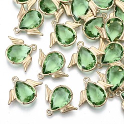 Зеленый лайм Граненые подвески стекла, с элементами из экологически чистого сплава, без кадмия, без никеля и без свинца, ангел, золотой свет, зеленый лайм, 18x22x4.5 мм, отверстие : 1.6 мм
