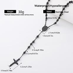 Black Vintage 304 Stainless Steel Rosary Bead Necklaces, Religion Cross Virgin Pendant Necklaces for Women, Black, 18.90 inch(48cm)
