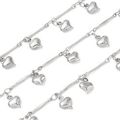 Stainless Steel Color Rack Plating 304 Stainless Steel Bar link chain, with Heart Charm, Soldered, with Spool, Stainless Steel Color, 14x2x1mm, about 16.40 Feet(5m)/Roll