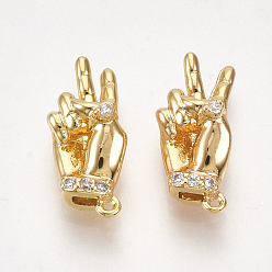 Real 18K Gold Plated Brass Charms, with Cubic Zirconia, Hand, Clear, Nickel Free, Real 18K Gold Plated, 13x6x4mm, Hole: 0.6mm