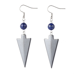 Ляпис-Лазурь Природные лазурит серьги болтаться, с подвесками из немагнитного гематита и 304 крючками для сережек из нержавеющей стали, треугольник и вокруг, 74~75 мм , штифт: 0.7 мм