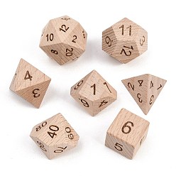 Цвет Древесины Набор многогранных игральных костей из натурального дерева, настольная игра в кости, деревесиные, 16~29x16~29x16~29 мм, о 7 шт / комплект