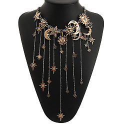 Золотой Колье-чокер из сплава с кристаллами, стразами, бахромой в виде луны и звезды., богемные нагрудные ожерелья с кисточками для женщин, золотые, 16.73 дюйм (42.5 см)