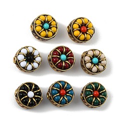 Color mezclado Cuentas hechas a mano de arcilla polimérica indonesia, con resina y turquesa sintética y latón sin chapar, plano y redondo, color mezclado, 15x10 mm, agujero: 2 mm