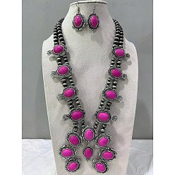 Фуксин Овальные серьги-подвески и ожерелья из синтетической бирюзы, сплав ювелирных изделий, фуксиново-красные, 600~700 мм