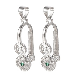 Real Platinum Plated Brass Micro Pave Cubic Zirconia Ice Pick Pinch Bails, Clear & Green, Real Platinum Plated, 24x7x8mm, Hole: 4.5x3.5mm, Pin: 0.7mm