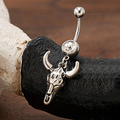 (461) Высокий Металлик Виноград Ковбойская тема 304 изогнутые кольца для живота в форме штанги из нержавеющей стали с паве из синтетической бирюзы, античное серебро, крупный рогатый скот, 43x17 мм