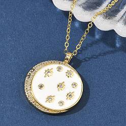 Белый Латунные микропаве прозрачные кубические цирконии эмалированные плоские круглые подвески в виде луны для женщин, реальный 18 k позолоченный, белые, 17.48 дюйм (44.4 см)