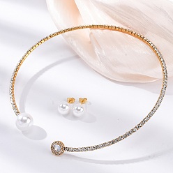 Золотой Круглые пластиковые серьги-гвоздики с имитацией жемчуга и комплекты колье-чокеров с кубическим цирконием и стразами, 304 комплект украшений из нержавеющей стали для женщин, золотые, внутренний диаметр: 4.43 дюйм (112.5 мм)