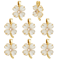 Blanc 8Pendentifs en laiton sertis de micro-pavés de zircone cubique transparente et d'œil de chat, trèfle, or, blanc, 15x12.5x4mm, Trou: 5mm