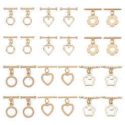 Light Gold 24 шт. 6 стили стойки с латунными застежками-переключателями, без кадмия и без свинца, долговечный, сердце и кольцо и цветок, разнообразные, золотой свет, Кольцо: 12~14x10~12x1.2~1.8 mm, отверстие : 1.6 мм, бар: 14.5~20x3.5~6.6x1.8~3 mm, отверстие : 1.2~1.8 мм, 4 шт / стиль
