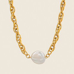 Real 18K Gold Plated Baroque Natural Freshwater Pearl Keshi Pearl Coin Pendant 304 Stainless Steel Rope Chain Necklaces for Women, White, Real 18K Gold Plated, 17.52 inch(44.5cm)
