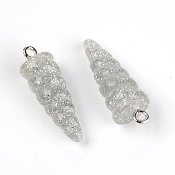 Серебро Подвески из смолы, с платиновым железным колышком, блеск порошок, рог единорога, серебряные, 29x10x9.5 мм, отверстие : 1.8 мм