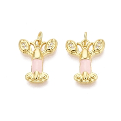 Розовый Латунные микропаве прозрачные подвески с фианитом, креветки прелести, с эмалью, золотые, туманная роза, 18.5x14.5x2.5~3 мм, отверстие : 3 мм, Перейти кольцо: 5x0.8 мм, внутренний диаметр: 3 мм