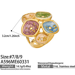 Colorful 316L Surgical Stainless Steel Enamel Finger Rings for Women, Flower, Golden, Colorful, US Size 7(17.3mm)
