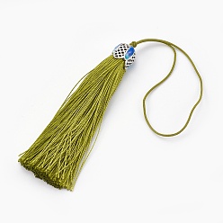 Olive Drab Polyester Tassel Pendant Decorations, with Cloisonne Findings, Olive Drab, 180~185mm