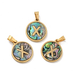 Letter X Вакуумное покрытие pvd 304 нержавеющая сталь с подвесками из ракушек пауа, золотые, плоский круглый с подвеской в виде буквы, letter.x, 18x16x1.5 мм, отверстие : 3x6 мм
