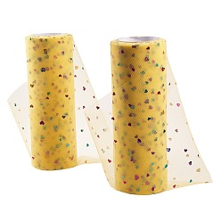 Yellow Heart Glitter Sequin Deco Mesh Ribbons, Tulle Fabric, Tulle Roll Spool Fabric For Skirt Making, Yellow, 6 inch(15cm), about 10yards/roll(9.144m/roll)
