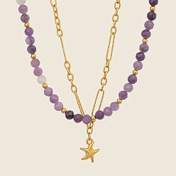 Аметист Подвеска в виде морской звезды из нержавеющей стали, цепочка-скрепка и двухслойные ожерелья из натурального аметиста с круглыми гранеными бусинами для женщин, золотые, 15.35 дюйм (39 см)