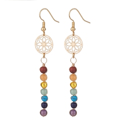 Golden Lotus Flat Round with Stone Tassel Long Dangle Earrings for Women, 7 Chakra Mixed Stone Beads Tassel Drop Earrings, Wire Wrap Long Drop Earrings, Golden, 75x13mm, Pin: 0.7mm