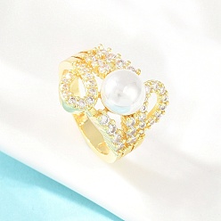 Настоящее золото 18K Кольца для женщин с микропаве из латуни и кубическими цирконами, круглые, с абс пластмассовой имитационной жемчужиной, реальный 18 k позолоченный, 17.5 мм, внутренний диаметр: 16.4 мм