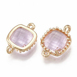 Бледно-Розовый Соединители стеклянные ссылки, с латунной фурнитурой , граненые, квадратный, золотые, розовый жемчуг, 14.5x9.5x3.5 мм, отверстие : 0.8~1.2 мм