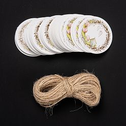 Flower Flat Round Paper Gift Tags, Hang Tags, with Jute Twine, for Wedding Party Decorate, Flower Pattern, 4x0.05cm, Hole: 3mm, 50pcs/bag